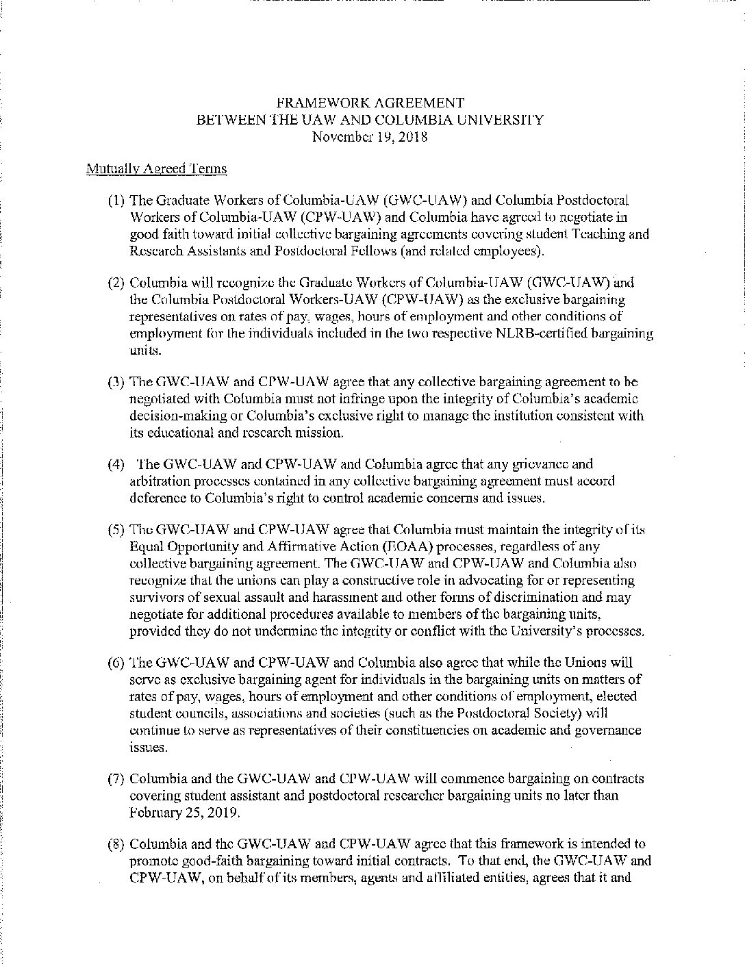 November 2018: Columbia offers a pathway to bargaining and CPW and GWC voted in favor. Click to read it.