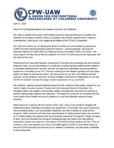 April 21: Letter to NY and US Representatives supporting additional funding and resources to solve the COVID-19 crisis. Click to Read the Letter